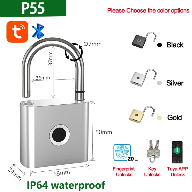 Tuya Smart Padlock Fingerprint Waterproof USB Charging Quick Identification Unlock Sensor High Quality P70/P55/PQ1